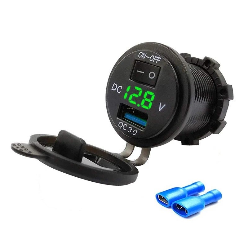 Bluejw Quick Digital Voltmeter 12V/24V USB Car Charger QC3.0 Fast Charger with On/Off Switch & Cigarette Lighter Adapter, Automobile Chargers - Image 1